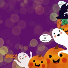 art, artwork, draw illustratition, violet background , template for social media, cards, postcards, happy halloween with small witch, funny pumpkins