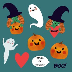 Halloween set, art, artwork draw illustration haoppy halloween, funny pumpkins, ghosts, small witches and red hearts, text