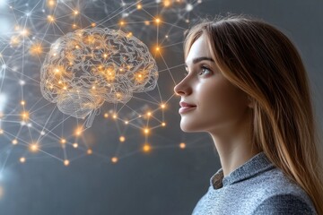 Naklejka premium Connectomics neurophotonics cerebral cortex bioinformatics and cognitive neuroscience woman with neural connections radiating from her head in a conceptual space