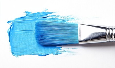 A Vibrant Blue Paint Stroke Being Applied With a Brush on a Clean Canvas Surface