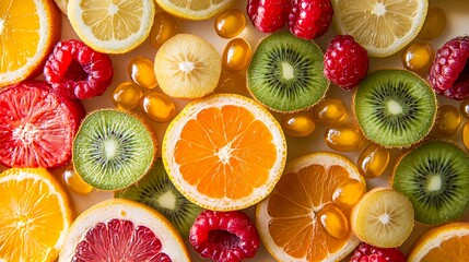 Closeup of fresh sliced citrus fruits, kiwi, raspberries, and vitamin supplements.