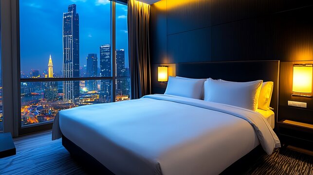 Fototapeta A modern hotel room offers a breathtaking city view, the night lights twinkling in the distance.