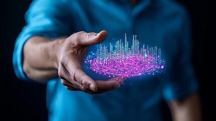 A holographic cityscape floats above a hand, representing the future of smart city technology.