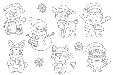 Doodle Christmas winter set with cute baby forest animals with Santa Clause and snowman. Vector hand drawn illustration, isolated black outline. Great for coloring book