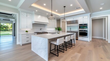 Fototapeta premium A kitchen island with a marble countertop contrasts beautifully with crisp white cabinets.