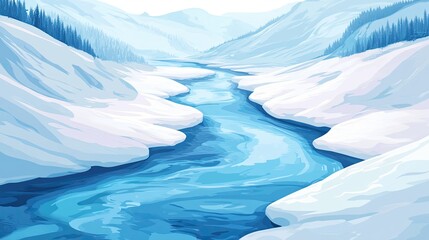 Icy mountain river flowing between snow-covered banks in a winter wonderland flat design top view winter theme water color pastel tones Split-complementary Color Scheme