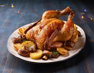 Baked whole chicken with mushrooms and potatoes close-up on a plate on a table