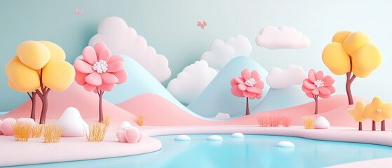 Spring to Summer flat design front view melting snow theme 3D render colored pastel