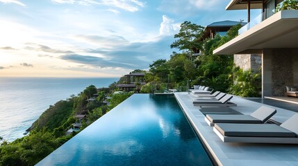 An elegant stock photo of a luxurious beachfront resort with infinity pools and sun loungers overlooking the ocean.