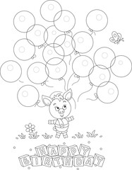 Happy birthday card with a funny cartoony little piglet playing with holiday toy balloons and merry butterfly on a summer lawn, black and white vector cartoon illustration for a coloring book