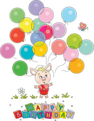 Obraz premium Happy birthday card with a funny cartoony little piglet playing with colorful toy balloons and merry butterfly on a green summer lawn, vector cartoon illustration on a white background