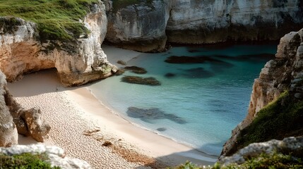 Fototapeta premium A serene stock photo of a secluded beach cove with rugged cliffs surrounding the sandy shore.