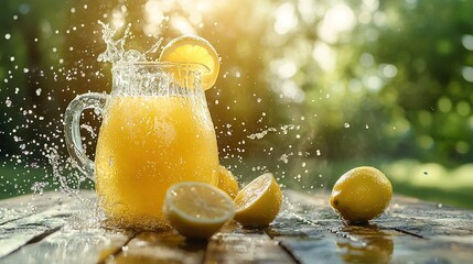   A pitcher of orange juice with a lemon slice and water splash on the table