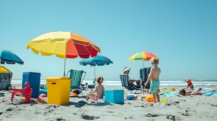 Naklejka premium A lively stock photo of a family enjoying a day at the beach.