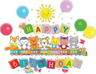 Fototapeta premium Happy birthday card with a small toy train, funny baby animals, sweets, holiday balloons and colorful baby cubes with letters, vector cartoon illustration on a white background