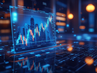 Digital financial data display with stock market graphs and charts, overlaid on a cityscape background, showcasing modern business analytics and financial trends in a futuristic setting.
