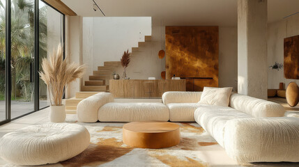 Modern Luxury Living Room with Plush White Seating, Minimalist Décor, and Natural Light