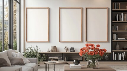 Three Blank Canvas Mockups in Minimalist Living Room.