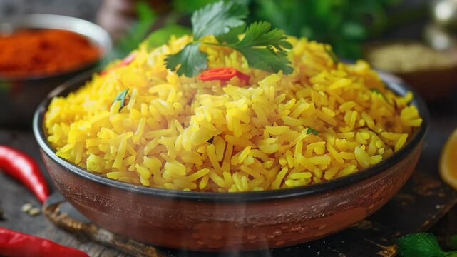 Yellow Rice on the table moves with smoke around
