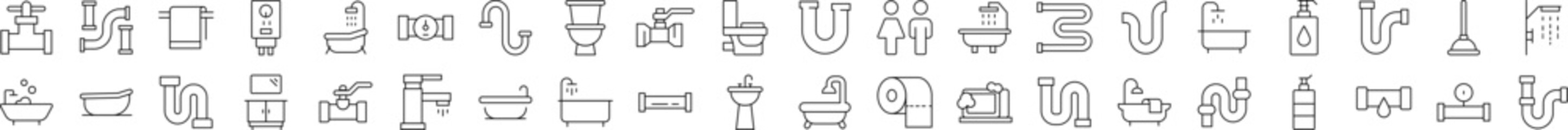 Plumbing, Faucet, Bathroom Set of Thin Icons. Editable Stroke. Suitable for Web Sites, Books, Cards, Apps