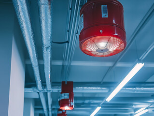 Flashing lights from fire alarm system illuminate modern industrial space, showcasing red alarm units and metallic ductwork. atmosphere is both functional and alerting