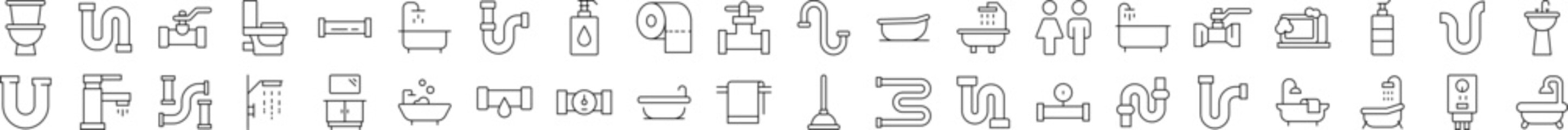 Plumbing, Faucet, Bathroom Icon Set for UI, Placards, Books, Apps. Editable Stroke. Suitable for Web Sites, Books, Cards, Apps