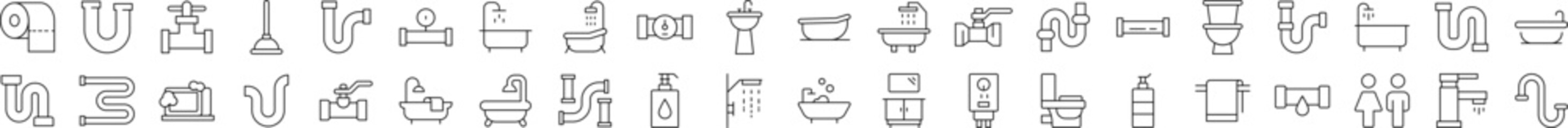 Plumbing, Faucet, Bathroom Related Line Icons for Web Sites, Books, Cards, Apps. Editable Stroke. Suitable for Web Sites, Books, Cards, Apps