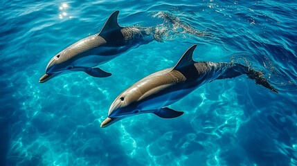 Obraz premium Vibrant Dolphins Swimming Together in Clear Blue Ocean, Showcasing Graceful Movements and Playful Interactions