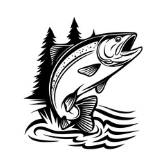 Vector Silhouette Illustration Of A Salmon Fish Jumping. T-shirt Graphics With Salmon Fish.