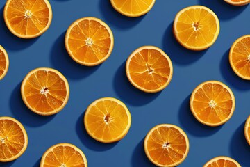 Obraz premium A stack of halved oranges resting atop a green-and-yellow background surrounded by foliage. Beautiful simple AI generated image