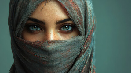 Naklejka premium Mysterious Arabic Woman in Headscarf with Intense Eyes, Cultural Portrait, Middle Eastern Fashion, Emotional Expression, Traditional Clothing, Close-Up
