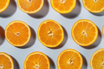Fototapeta premium A stack of halved oranges resting atop a green-and-yellow background surrounded by foliage. Beautiful simple AI generated image