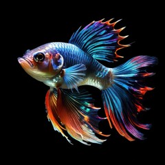 Fototapeta premium A vibrant, colorful fish with intricate fins swimming against a black background.