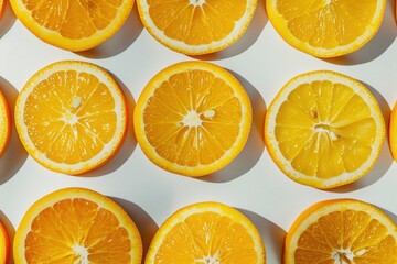 Obraz premium A stack of halved oranges resting atop a green-and-yellow background surrounded by foliage. Beautiful simple AI generated image