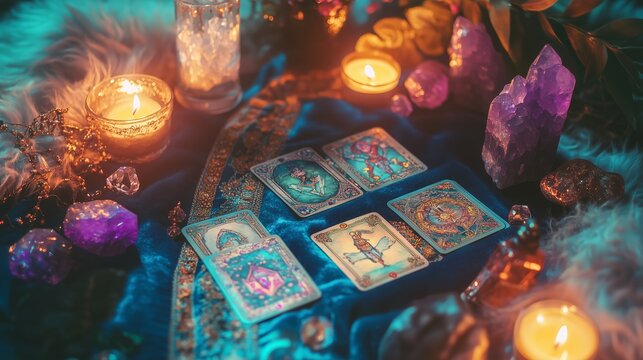 A mystical tarot card reading setup on a vibrant velvet cloth with candles and crystals, creating an enchanting atmosphere in soft lighting