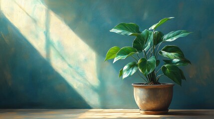 Potted Plant with Green Leaves in Sunlit Room