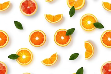 Obraz premium A stack of halved oranges resting atop a green-and-yellow background surrounded by foliage. Beautiful simple AI generated image