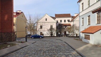 The city street is paved with cobblestones. The road is flanked by historic houses, metal fences, street lights and trees. The sidewalks with curbs are paved with tiles. Sunny spring weather