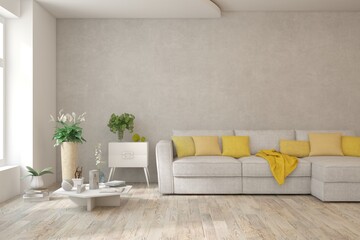 White living room with sofa. Scandinavian interior design. 3D illustration
