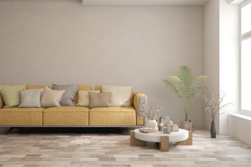White living room with sofa. Scandinavian interior design. 3D illustration
