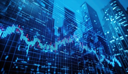 Obraz premium A stock market graph is displayed on a digital screen, showing an upward trend The background features buildings, with a blue and white color scheme Generative AI