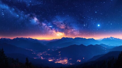 Milky Way Over Snowy Mountains and Town Lights