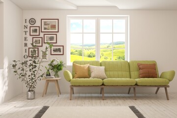 White living room with sofa and summer landscape in window. Scandinavian interior design. 3D illustration
