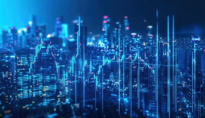 Obraz premium Stock market graph going up on a digital screen with buildings in the background, in a blue color theme Generative AI