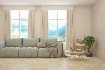 White living room with sofa and summer landscape in window. Scandinavian interior design. 3D illustration