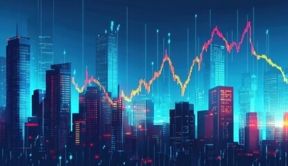 Naklejka premium Stock market graph going up on a blue background with skyscrapers in the foreground Generative AI