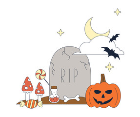 Cute groovy Halloween poster. Autumn retro card 70s. Vintage hippie background. Pumpkin, tombstone and holiday attributes on white isolated background. Sweets, potion and moon with cloud.