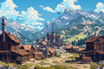 Obraz premium A picturesque village nestled in the mountains, featuring rustic buildings, blue skies, and majestic peaks, perfect for adventure themes.