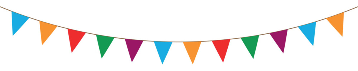 Festive flag garland vector illustration. bunting in simple flat style, isolated on transparent background. Carnival, birthday border decoration element. © Pakiza