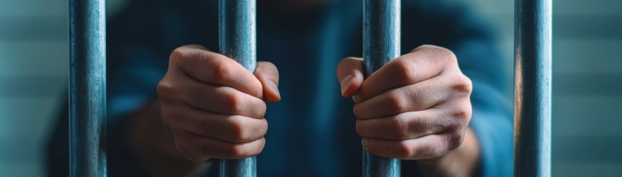 Hands gripping steel prison bars in a close up view, symbolizing imprisonment, restriction, and confinement. Ideal for concepts related to incarceration and law enforcement.